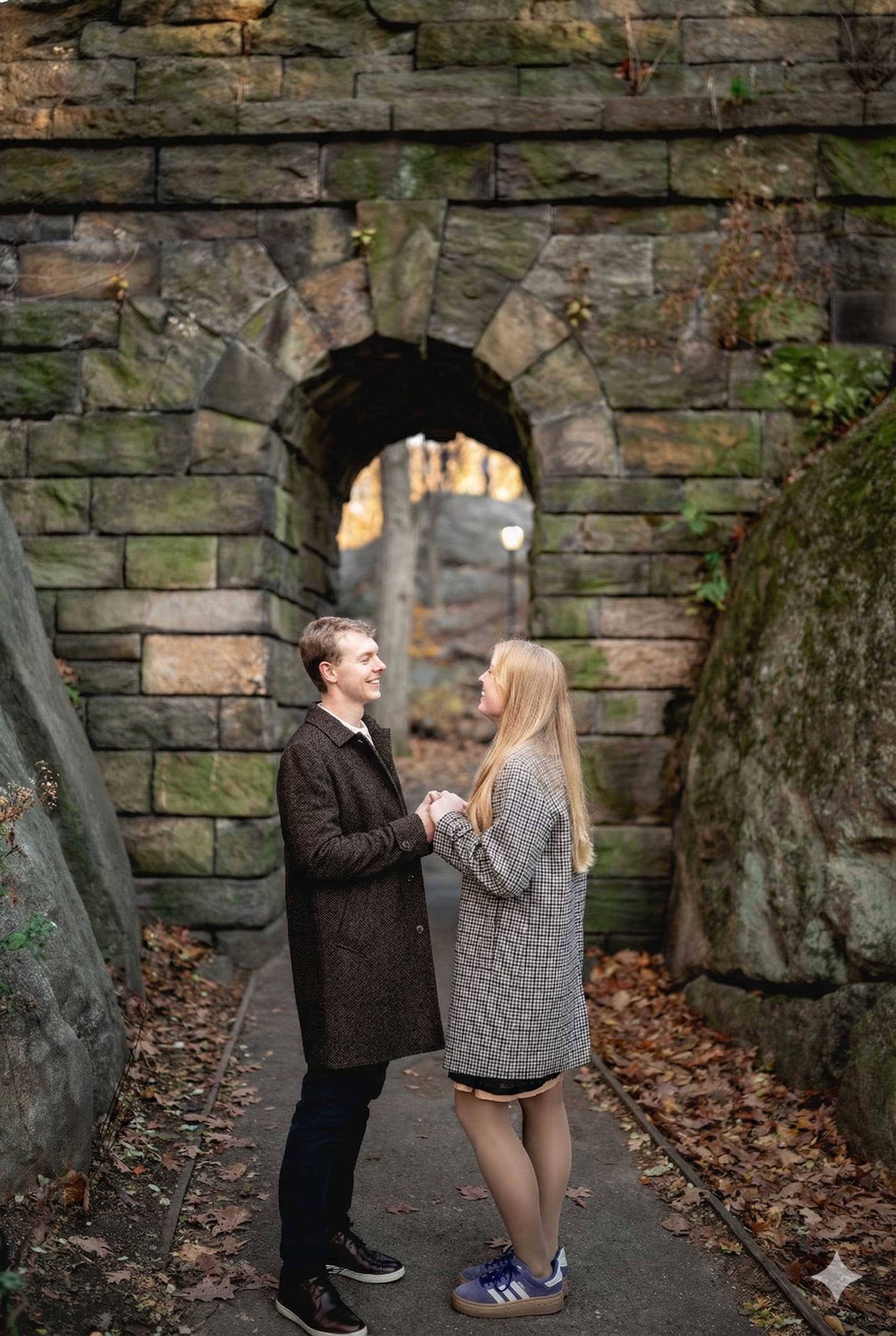 Kaitlyn and Chris holding hands beneath a stone arch